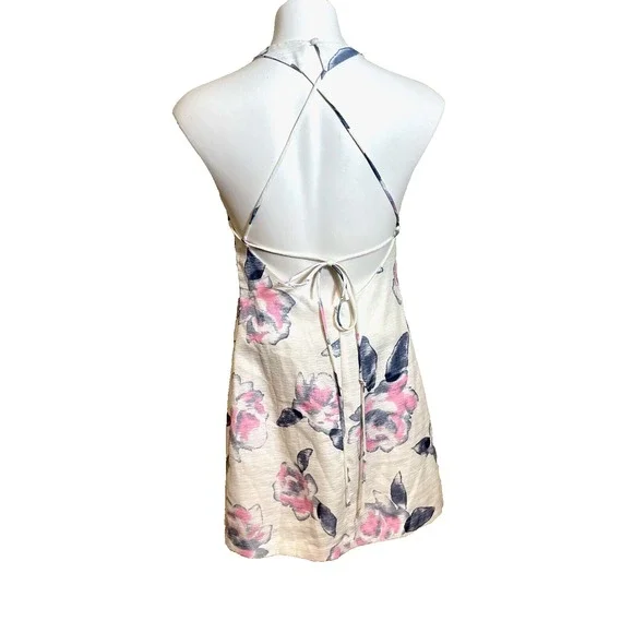 INA Strappy Mini Dress Womens Small White‎ Pink Floral Sleeveless Backless Lined
