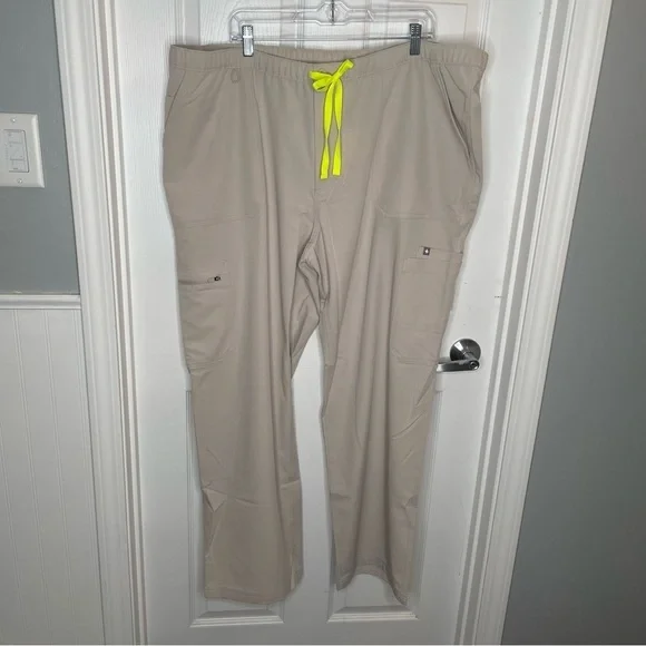 Figs Cairo Cargo Scrub Pants in Slate Gray with Neon Yellow Drawstring 4XLT