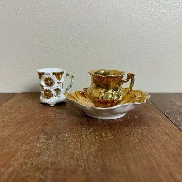Vintage Porcelain‎ Gold 2 Tea cup & saucer Set MINI Children's or demitasse