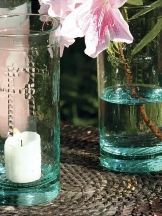 2 Kalalou Rustic Green Glass Candle Holder Vases Or Drinkware With Cross Designs