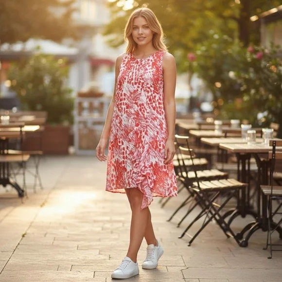 Jade Melody Tam Ruffle Shift Dress Womens M Coral White Boho Vacation Tropical