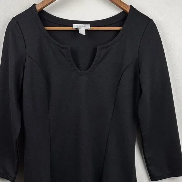 Ann Taylor LOFT Open Neck Basic Black Dress Size 4 Long Sleeve work Core