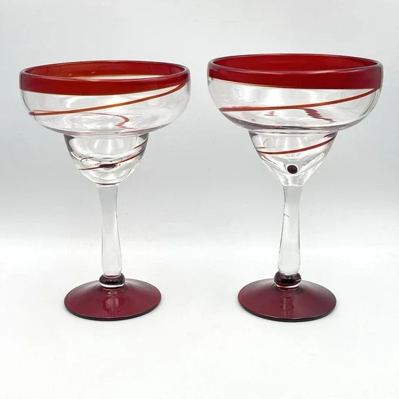 Pair Hand Blown Red Swirl Margarita Glasses 8