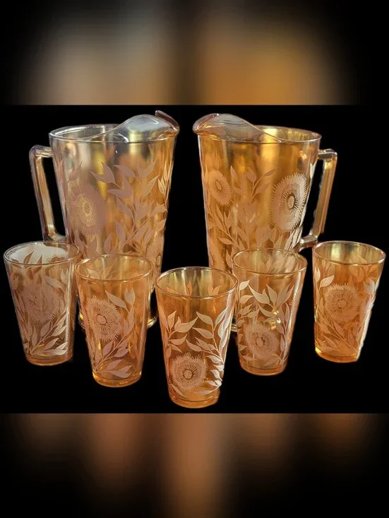 Vintage Jeanette MARIGOLD Iridescent 2 PITCHER Drinkware Set