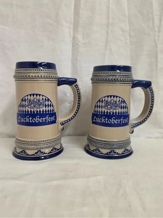 Lady Luck Casino Lucktoberfest Beer Steins Set of 2 Ceramic Blue Cream Large