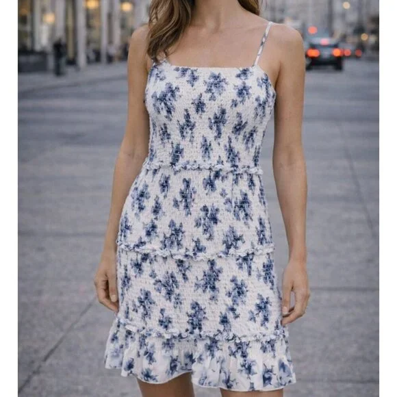 NWT Abercrombie & Fitch Smoked Floral Mini Dress XXLT Ivory Blue