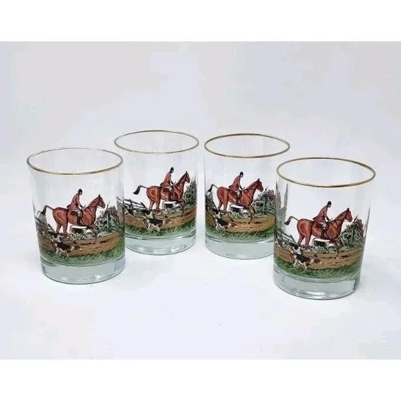 Set 4 Vtg 1940's R Kuntzsch 12oz Glasses Fox Hunt Scene Signed Equestrian Horses