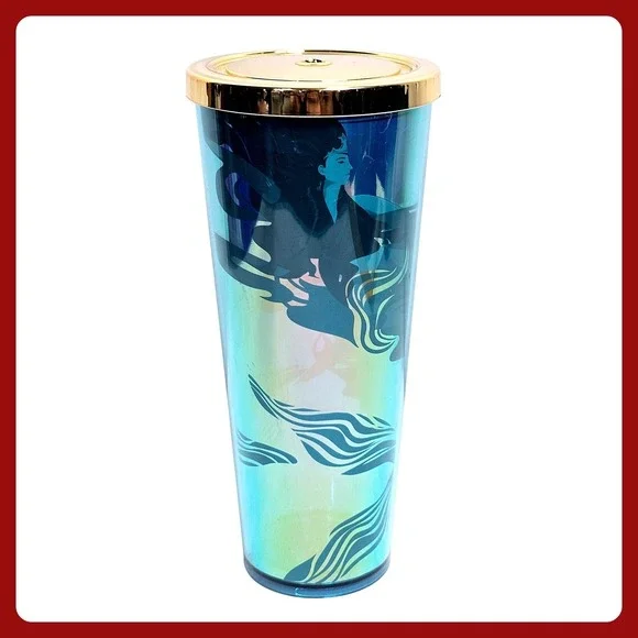 Starbucks Siren Iridescent Teal 24oz Cold Cup Tumbler Gold‎ Lid 011140461 EUC