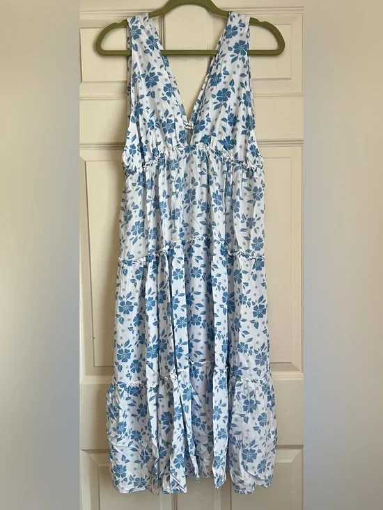 Salty Lemon Blue Floral Tiered Midi Dress - Women's L