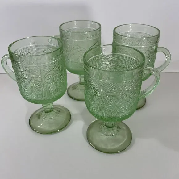 Set of Four (4) Footed, Tiara Chantilly Green Glass Mugs with Handles
