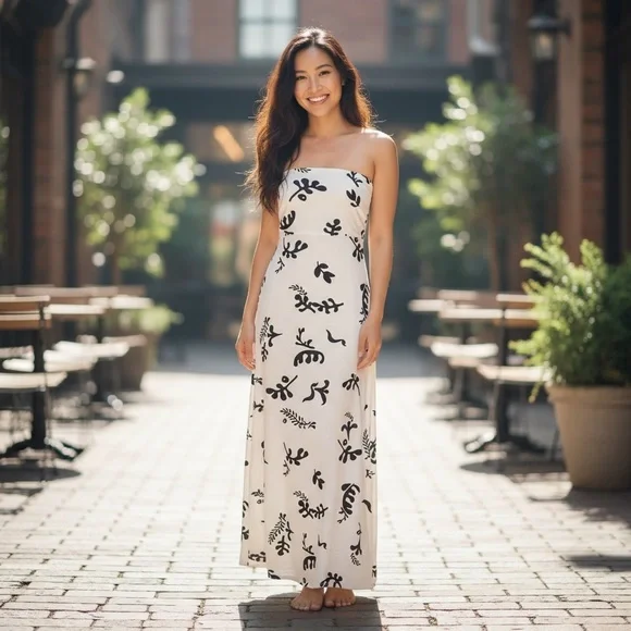 Paper Heart Linen Blend Black White‎ Leaf Print Maxi Dress Size XS