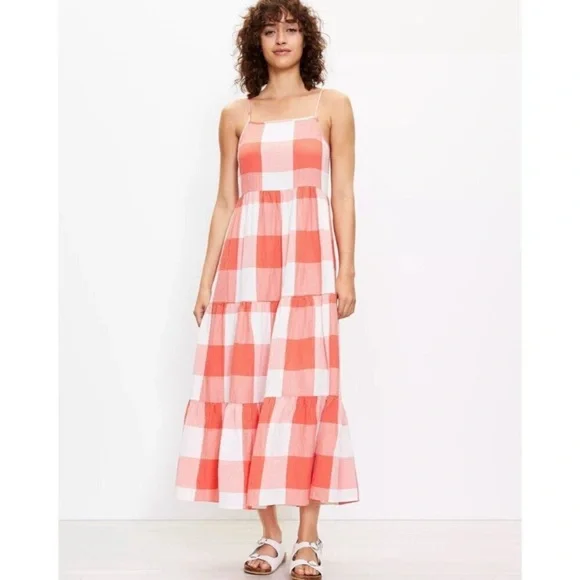 LOU & GREY Gingham Check Tiered Tank Midi Smocked Dress in Coral/White Size L