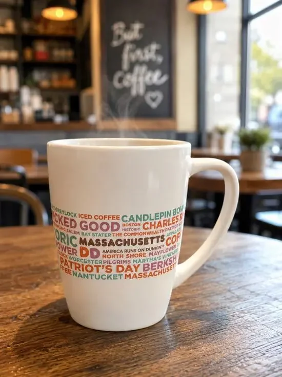 Dunkin’ Donuts Massachusetts Word Art Ceramic Coffee Mug 2016 DD Large Cup