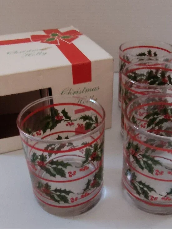 Vtg Indiana Glass Christmas Holly Service for 4 14 oz Rocks Holiday Glasses Box