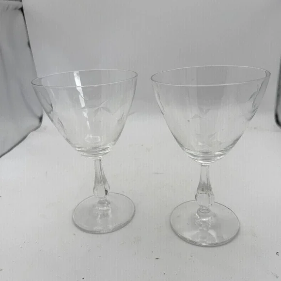 2 Vtg Libbey Glass Wheat Etched Design Wine or Sherbert 6