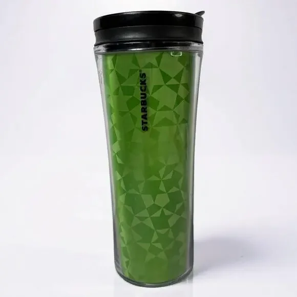 Starbucks 2011 Neon Green Geometric Mosaic Acrylic Travel Tumbler Mug 16oz