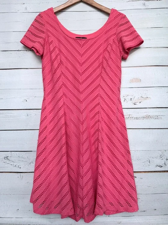 Ronni Nicole Coral Pink Chevron Crochet Lace Fit & Flare Dress Sz 10