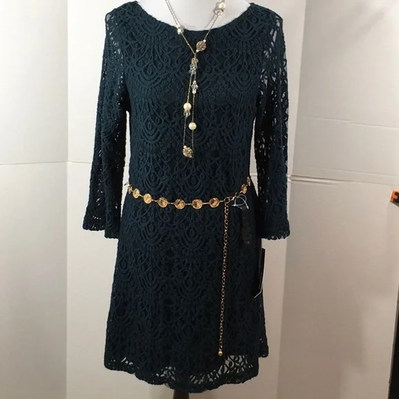 Sharagano teal lace sheath dress NWT