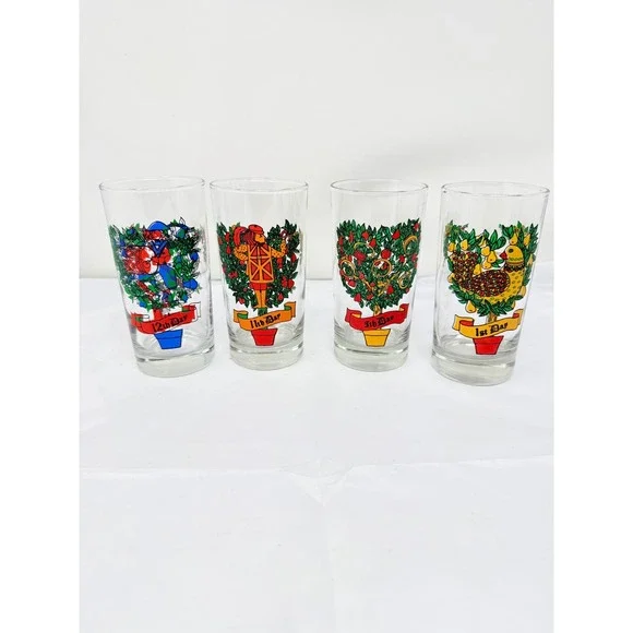 Vintage 12 Days of Christmas Indiana Glass USA Water Tumbler 12oz Set of 4