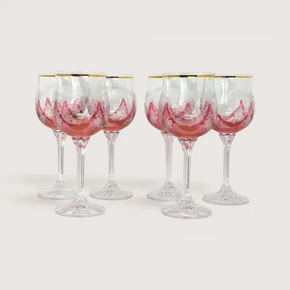 1960s Bohemian Cranberry Glass Wine Goblet Set with Gold Rim