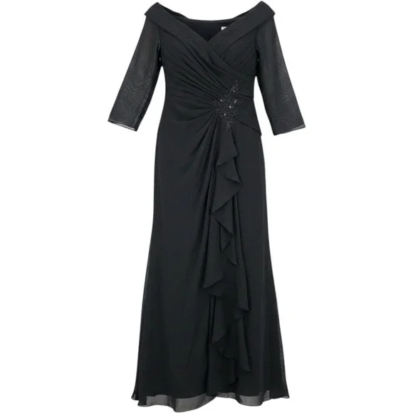 Lavetir Womens 8 Black Off Shoulder Ruched Chiffon Evening Gown