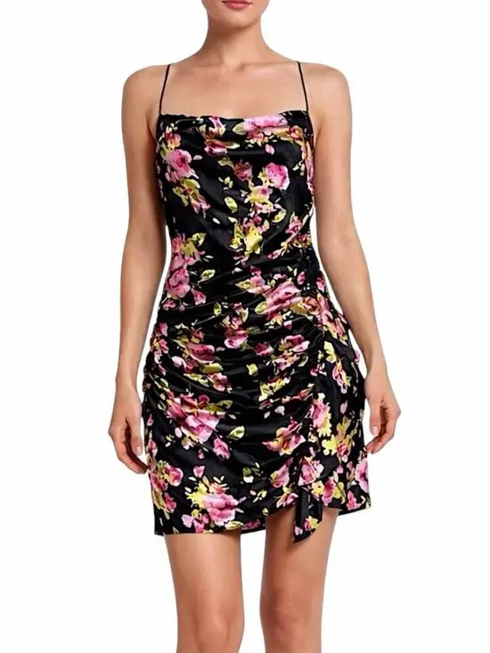 Likely Asta Floral Print Satin Mini Dress Ruffle Side Ruch Size 6