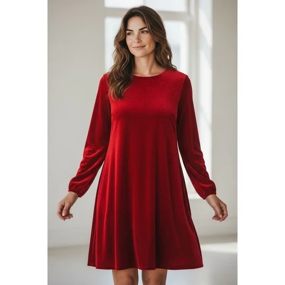 Eileen Fisher Large Ruby Red Crew Neck Long Sleeve Velvet Knee Length Dress NWT‎