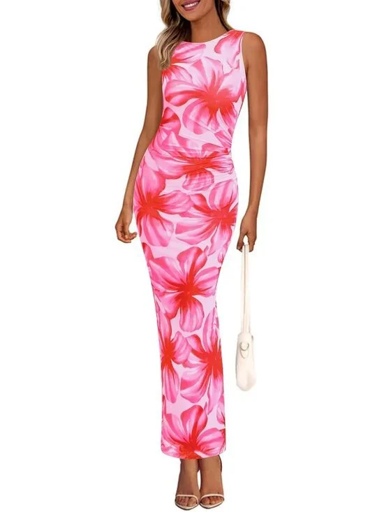 Women Pink Big Floral Polyester Elastane Mesh Sleeveless Bodycon Long Maxi Dress