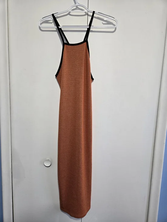 ZARA Bodycon Maxi Dress XS Orange Black Strappy Back Sleeveless Stretch Knit‎