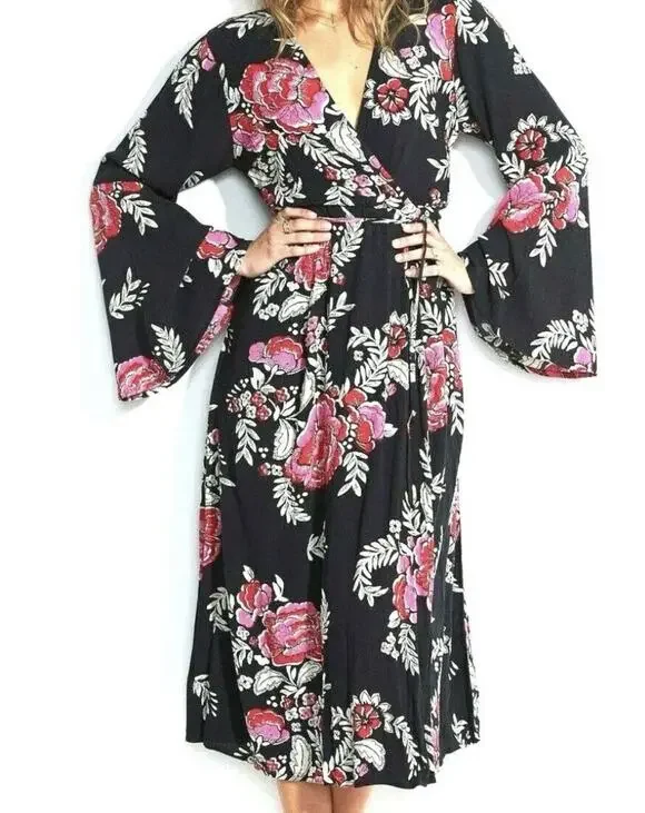 Billabong Women's Floral Whispers Wrap Dress Size Med Black Multi Bell Sleeves