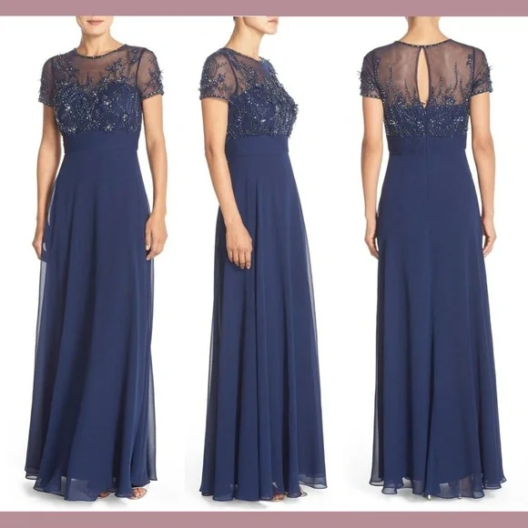 NWT JS Collections [ 0 or 2 ] Embellished Mesh & Chiffon‎ Gown in Navy Blue