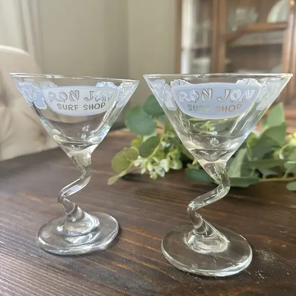 Ron Jon Surf Shop Set Of 2 Martini Glasses Hibiscus Free Flow Stem Design