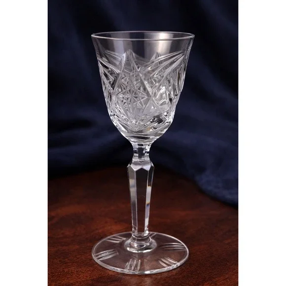 Vintage Cut Crystal Wine Goblet Faceted Stem Clear Glass 5