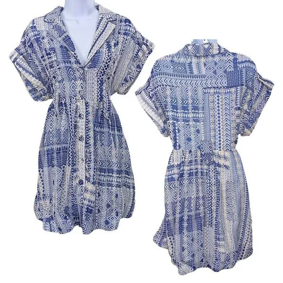 THE SANG Blue Georgette Embroidered Ikat Smocked Shirtdress w/ Weighted Hem Sz S