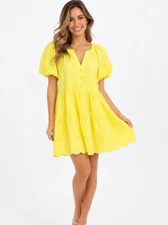 PEYTON‎ & PARKER Yellow Eyelet Mini Dress XS Puffed Sleeve Cotton Babydoll Dress