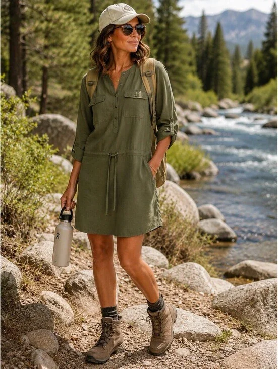 Orvis Women's S Oversized Cargo Dress with Drawstring and Pockets Olive Green