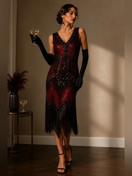 Red Black Beaded Fringe Flapper Dress Art Deco Gatsby Cocktail Size M Party