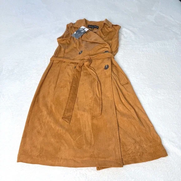 Kendall + Kylie Faux Suede Sleeveless Trench Dress XS Belted Brown‎ NEW