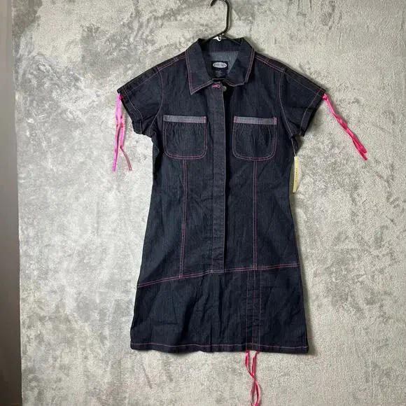 Vintage Y2K Denim Shirt Dress Pink‎ Stitch Tie Sleeve Punk Princess 2000s Large