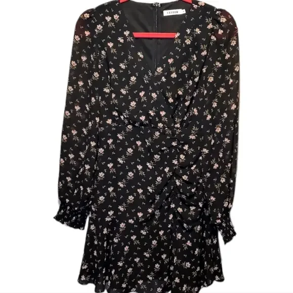 Farrow‎ Black Lined Floral Cocktail Ruching Mini Dress Small NWOT