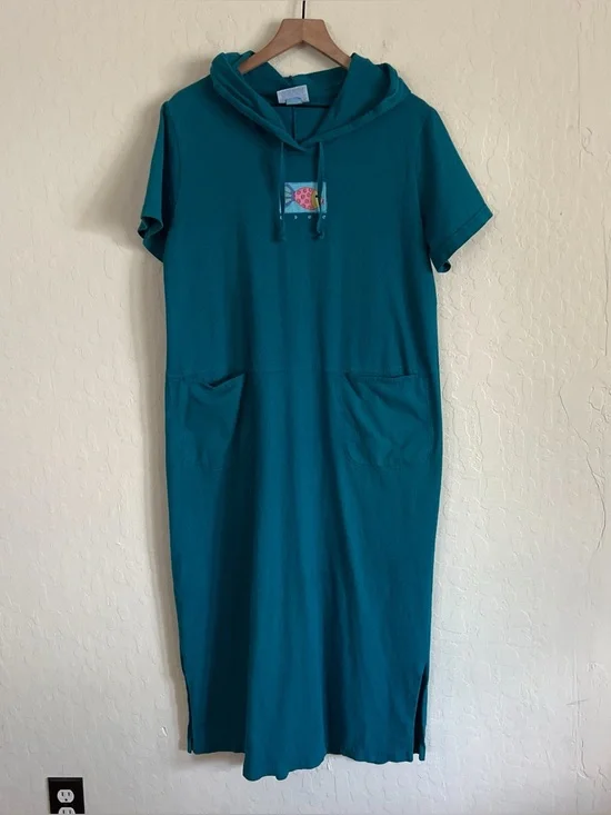 Vintage 90s Fresh Produce Hooded T-Shirt Maxi Dress Medium Teal Fish Graphic