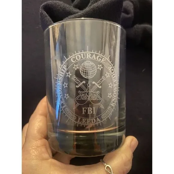 FBI Lowball Whiskey Glasses Logo Etched Emblem Tumbler Set Of 4 Drink‎ ware