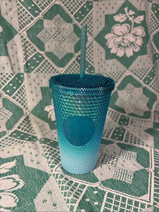 16 oz Starbucks Blue Teal Ombré Studded Cold Cup with Straw