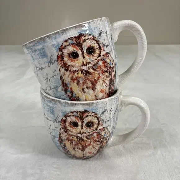 Pier 1 Imports Ironstone Owl Mugs(2) Dimpled Glossy 8.75” 2pcs Benefits Chrty