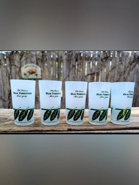 Vintage OLD FORESTER MINT JULEP FROSTED GLASSES Set of 5 - Kentucky Bourbon Ad