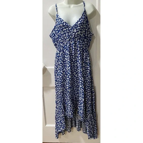 Beach Pacific Vibes Blue White Floral‎ Print NWT XXL VNeck High Low Maxi Dress