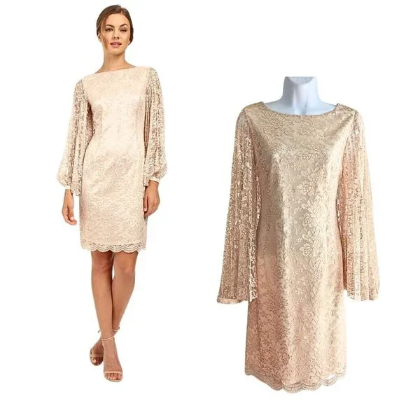 Angelic TAHARI ARTHUR S LEVIN Champagne Satin Georgette Angel Sleeve Lace Overla