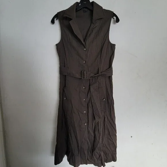 Theory Brown Button Front Sleeveless Linen Belted Pleated Back Midi Dress Size 8