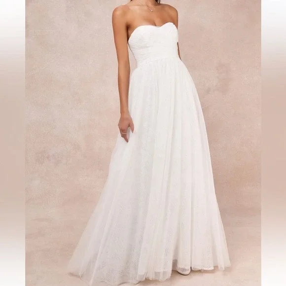 Lulus Bridal‎ Blissful Forever White Tulle Lace Strapless Pleated Wedding Dress
