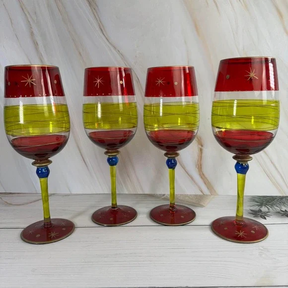 Wine Glasses Set of 4 Red Lime Green Hand Painted Starburst Festive Holidays